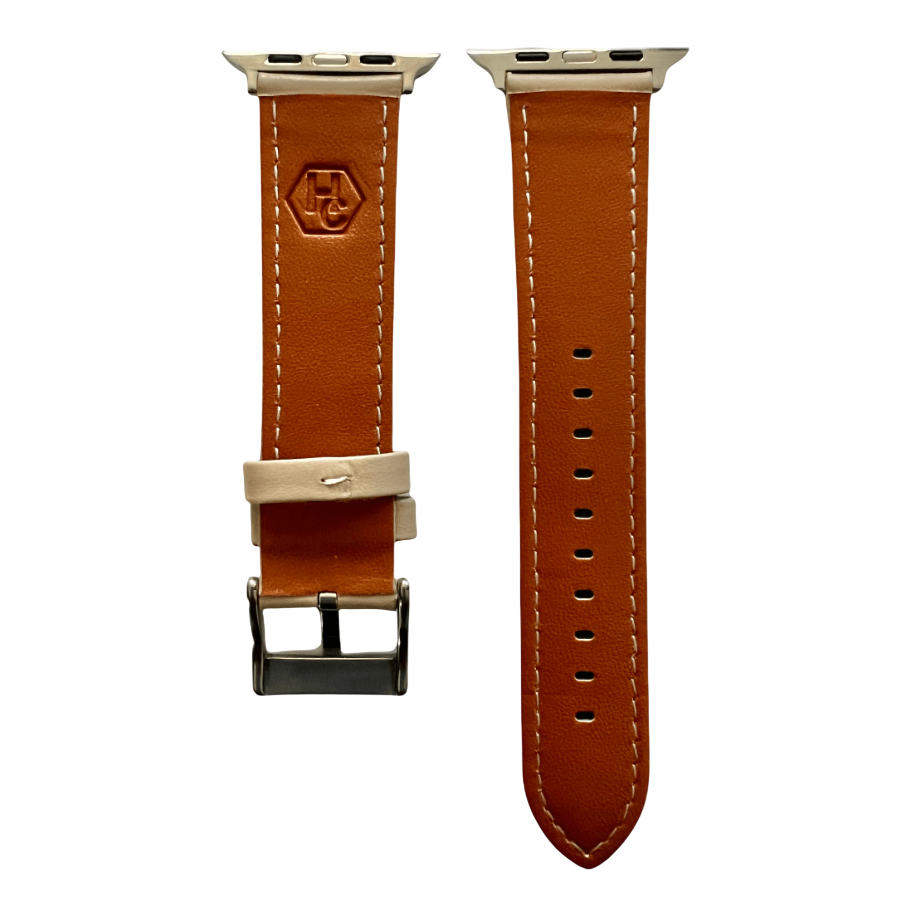 Pink gray padded leather Apple Watch band, side view with stainless steel lugs