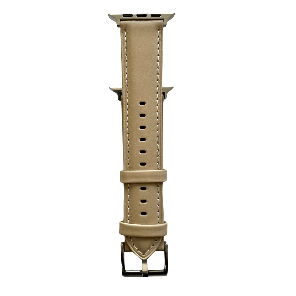 Pink gray padded leather Apple Watch band, connector and stitching detail