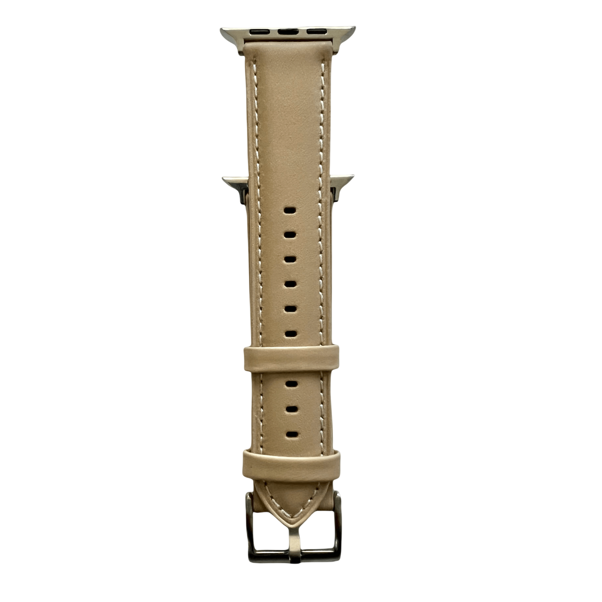 Pink gray padded leather Apple Watch band, connector and stitching detail