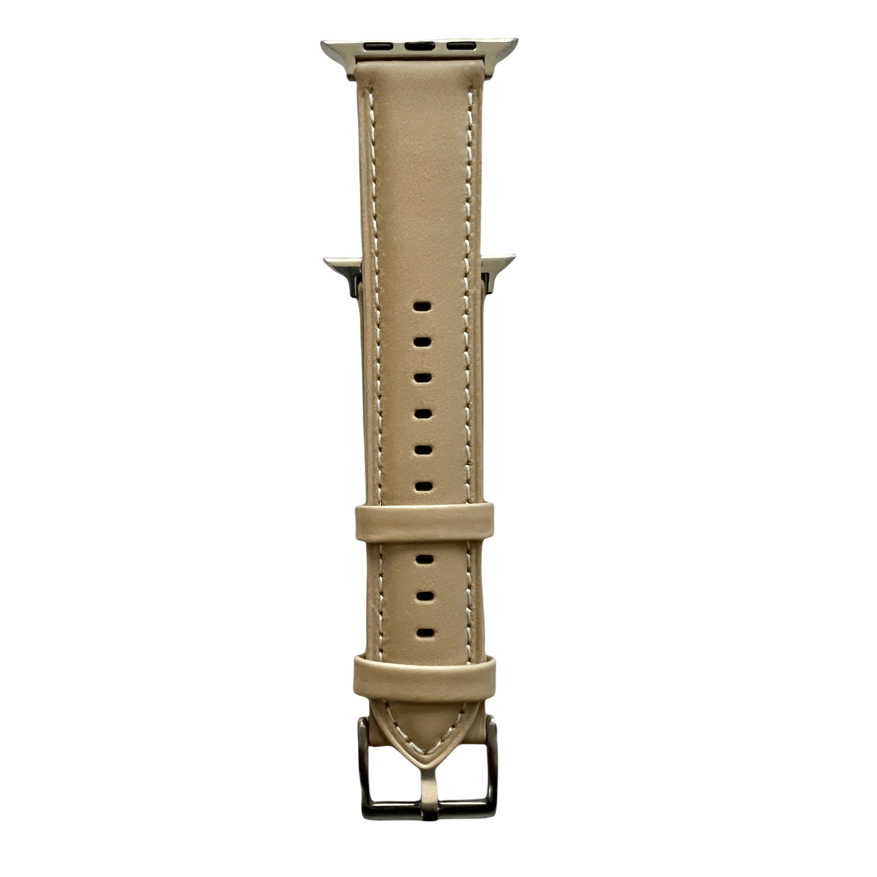 Pink gray padded leather Apple Watch band, connector and stitching detail