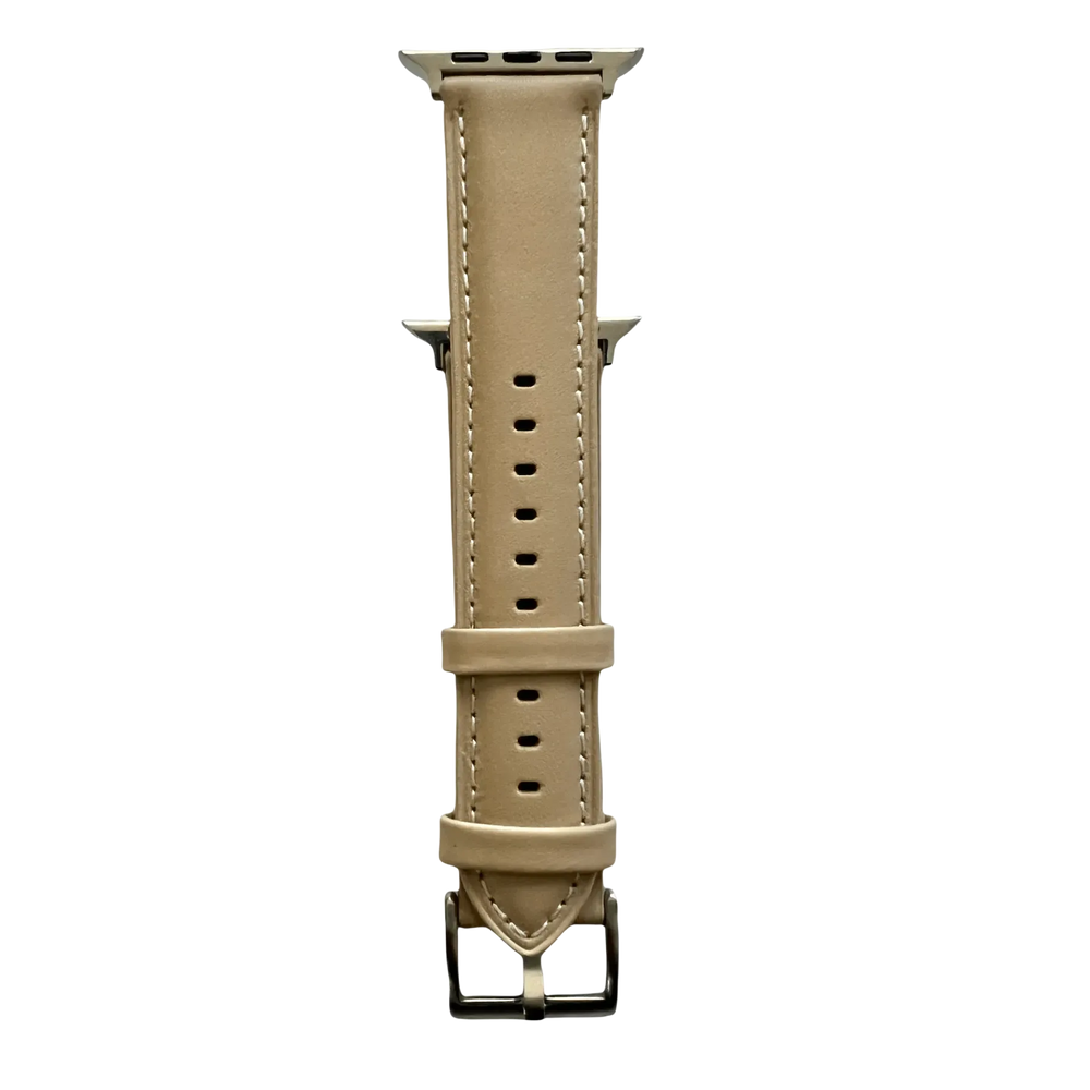Pink gray padded leather Apple Watch band, connector and stitching detail