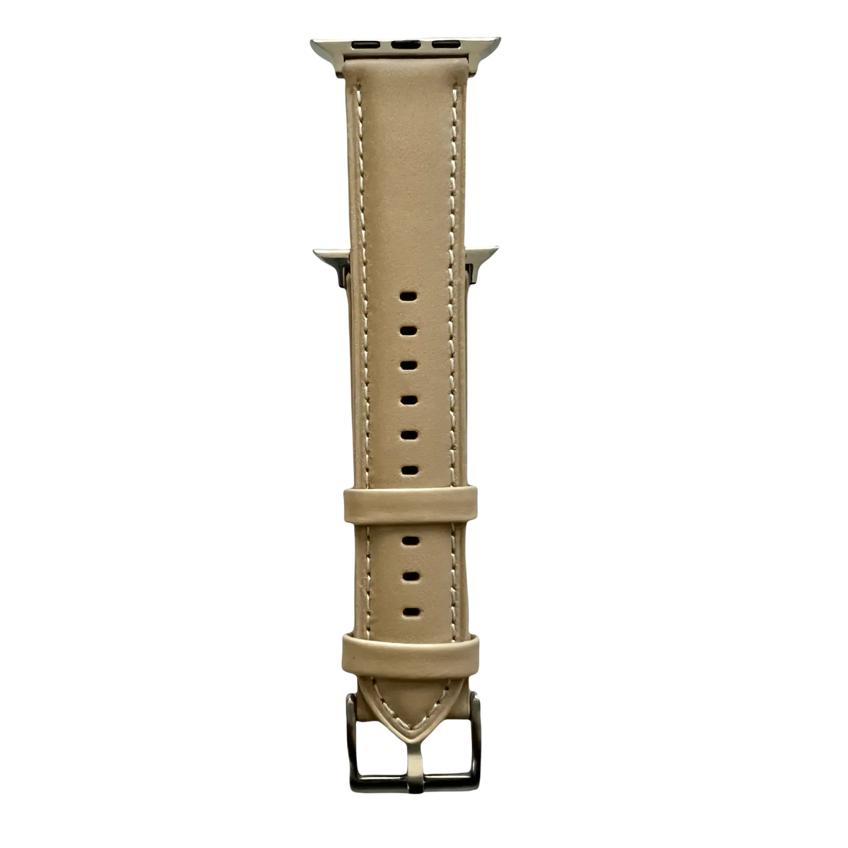Pink gray padded leather Apple Watch band, connector and stitching detail