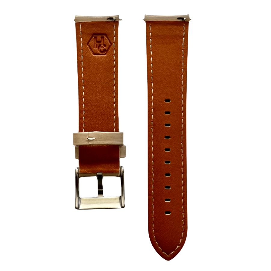 Pink grey leather watch band with quick release bars, close-up detail