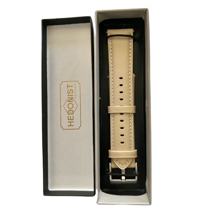 Pink grey leather watch band with quick release bars, texture close-up