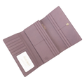 Pink leather trifold wallet open, full interior view with card slots and zip compartment