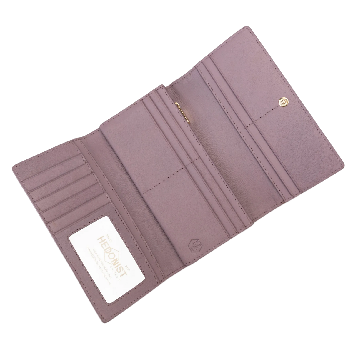 Pink leather trifold wallet open, full interior view with card slots and zip compartment
