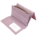 Pink leather trifold wallet open showing card slots, gold zipper, and ID window