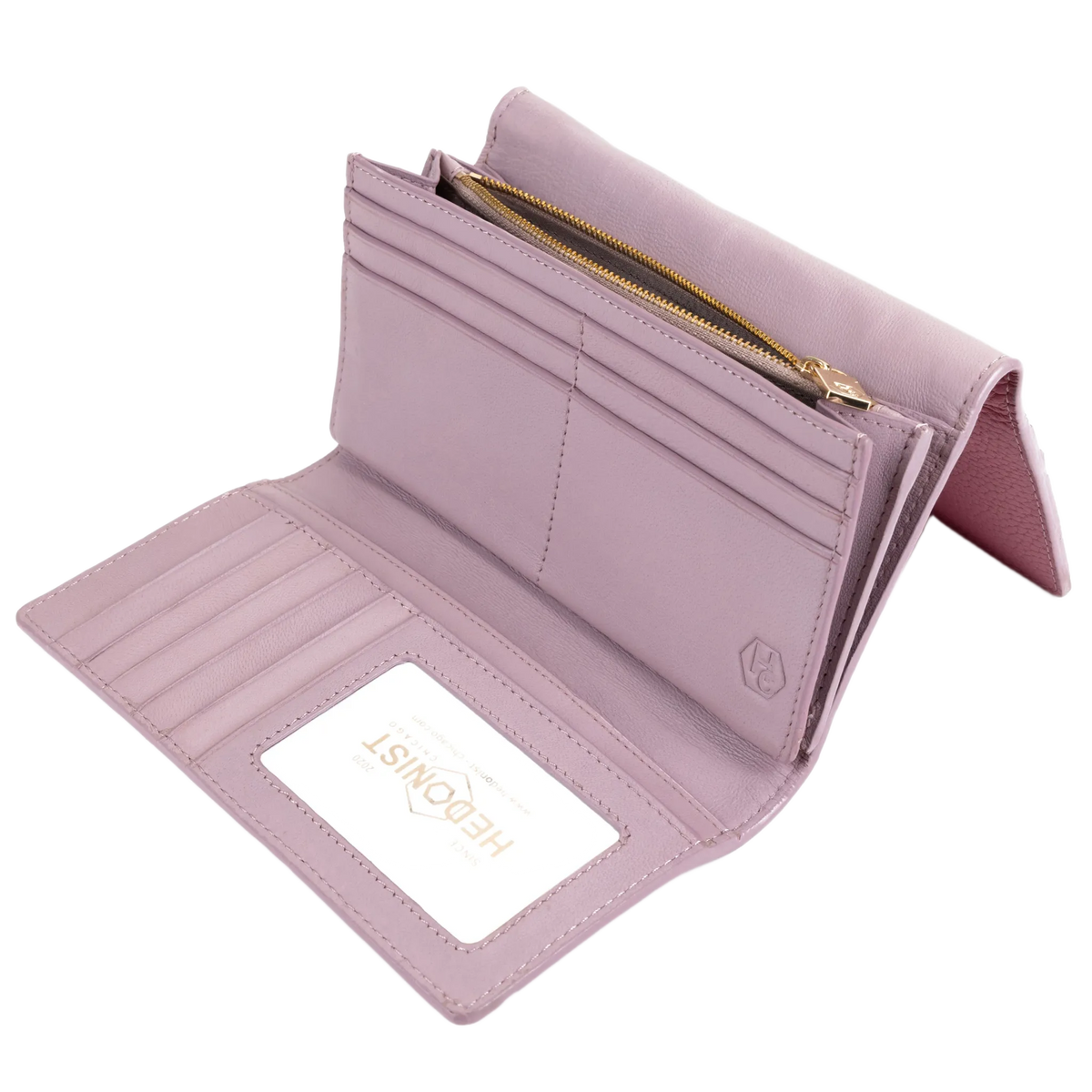 Pink leather trifold wallet open showing card slots, gold zipper, and ID window