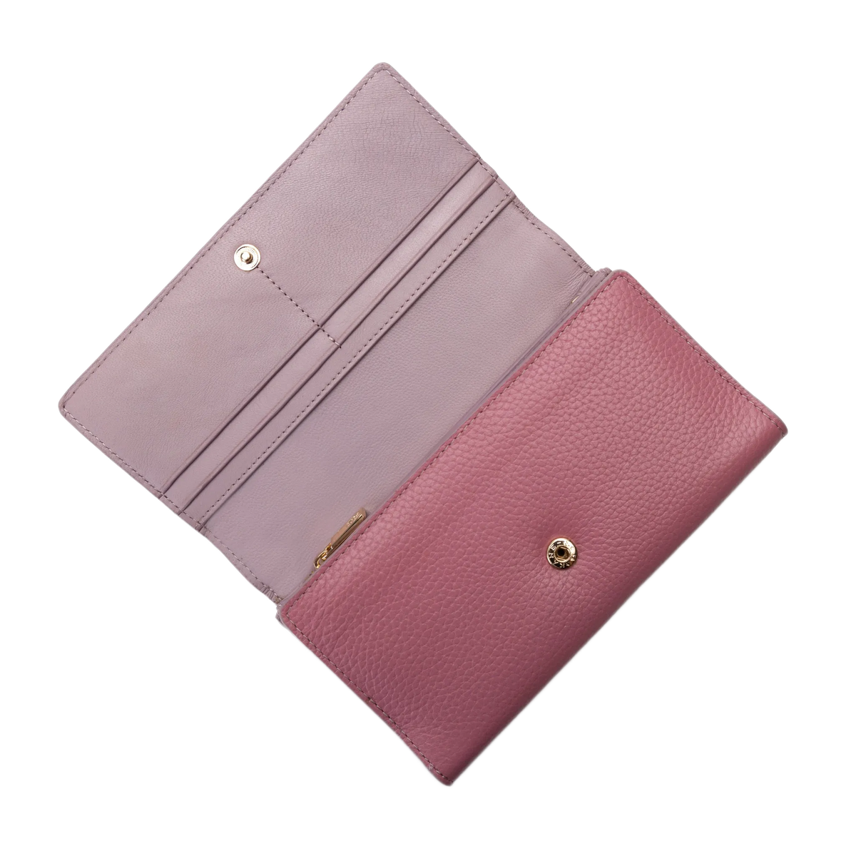Pink leather trifold wallet open showing card slots and gold-tone snap closure