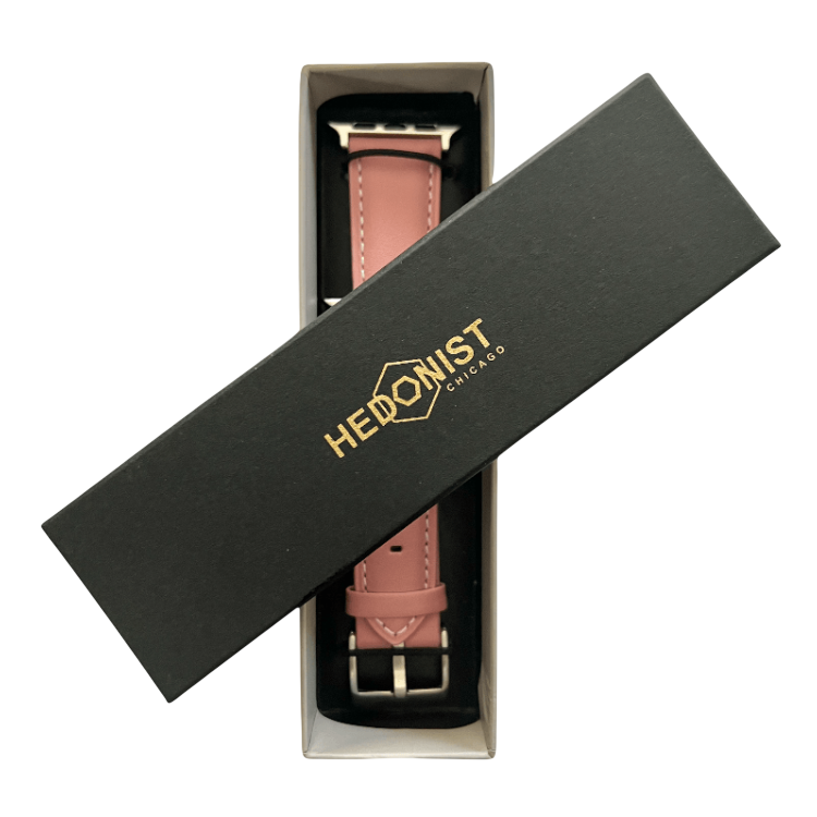 Pink padded leather Apple Watch band, presented in gift box