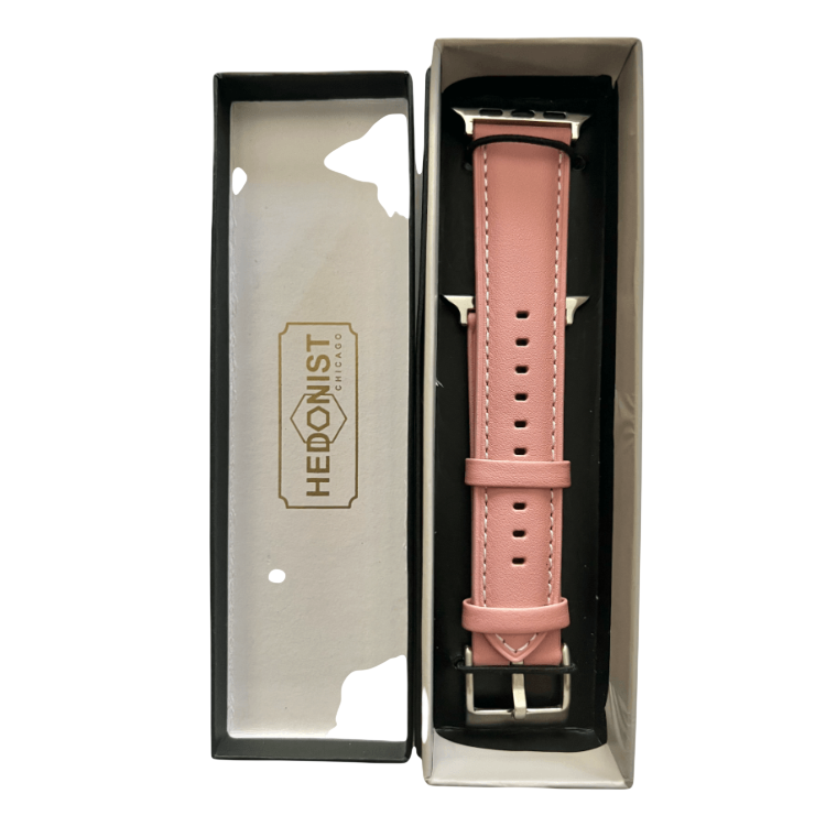 Pink padded leather Apple Watch band, packaging close-up