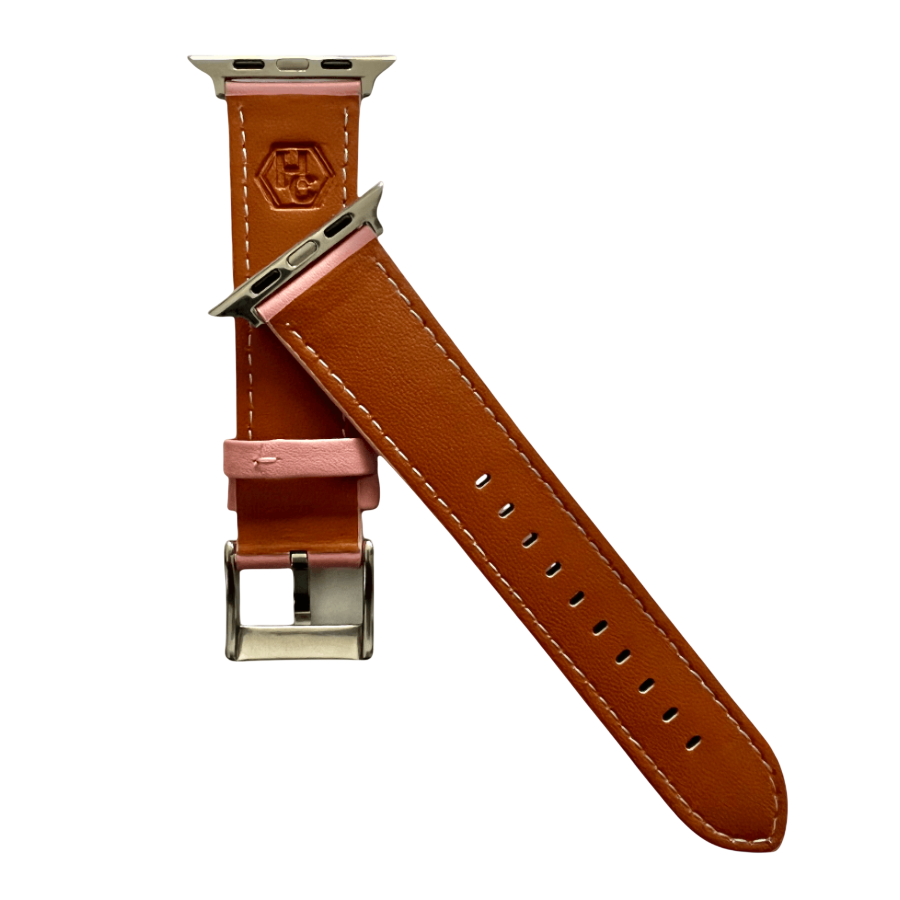 Pink padded leather Apple Watch band, side view with stainless steel lugs