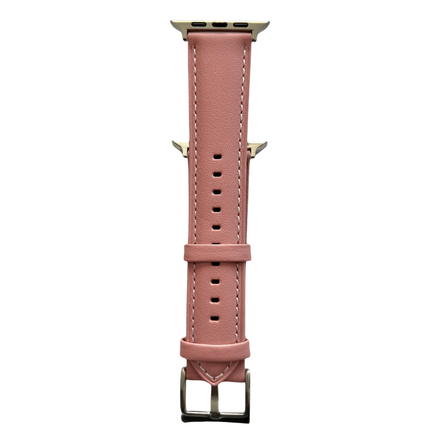 Pink padded leather Apple Watch band, connector and stitching detail