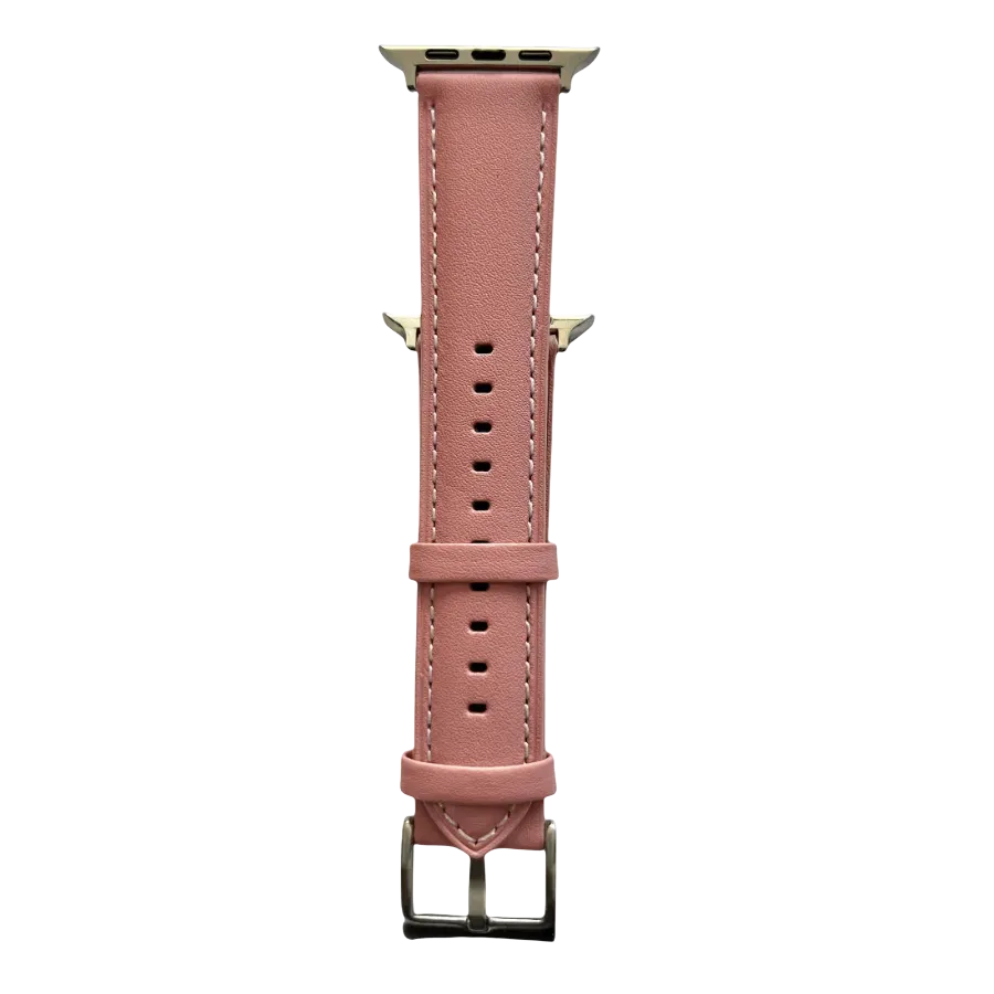 Pink padded leather Apple Watch band, connector and stitching detail