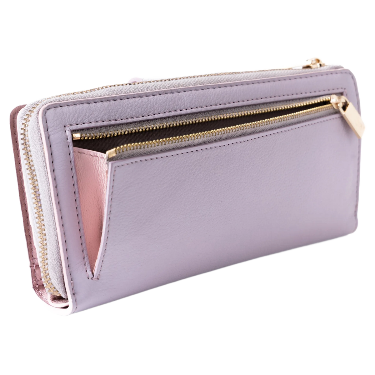 Rear coin zip compartment on the pink pebbled leather travel wallet