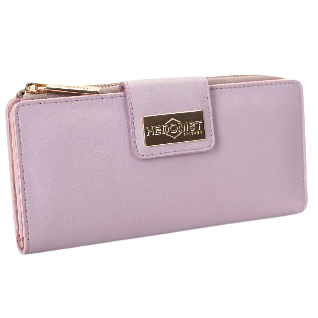 Pink pebbled leather travel wallet front view on white background