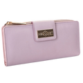 Pink pebbled leather travel wallet front view on white background