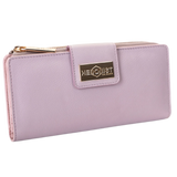 Pink pebbled leather travel wallet front view on white background
