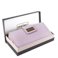 Pink pebbled leather travel wallet presented in Hedonist Chicago branded gift box
