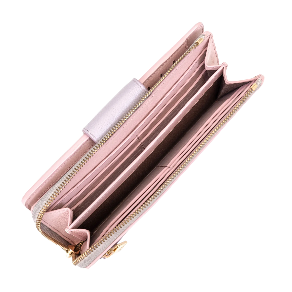 Pink pebbled leather travel wallet open showing zip-around perimeter and interior compartments