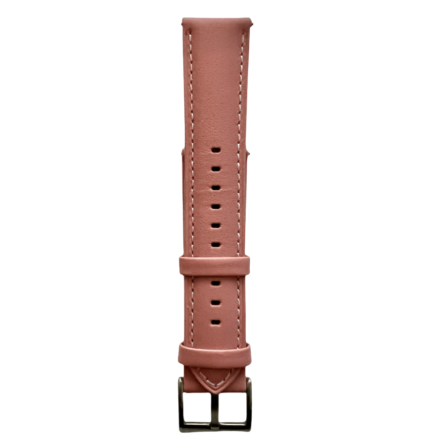 Pink leather watch band with quick release bars, quick release buckle detail