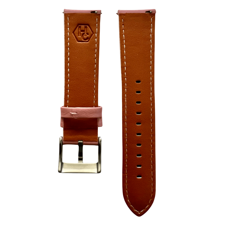 Pink leather watch band with quick release bars, close-up detail