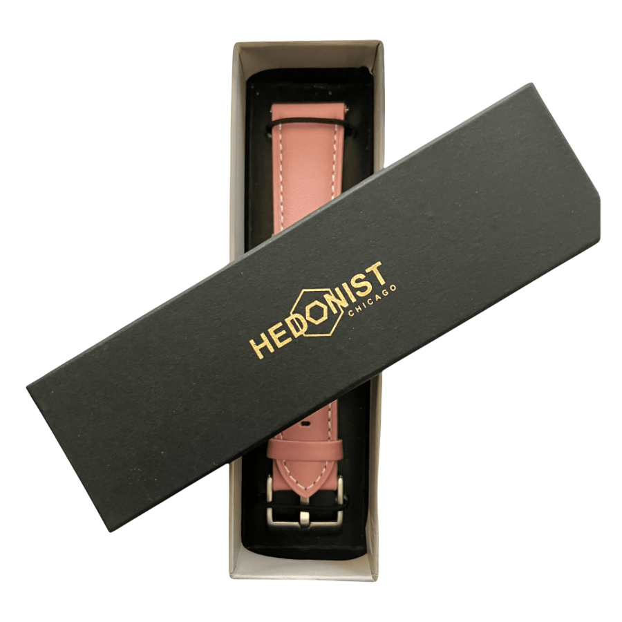 Pink leather watch band with quick release bars, side view