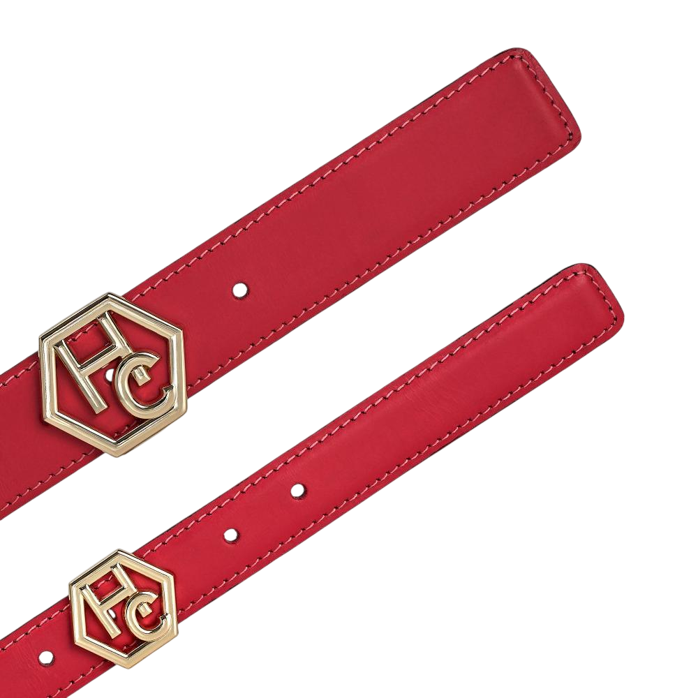 Buckle close-up on women's reversible design leather belt - pink-red - Hedonist Chicago (1.3", reversible with black)