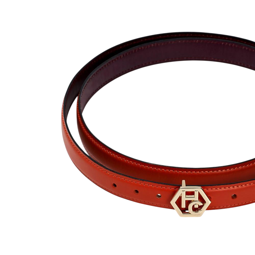 Buckle close-up on women's reversible design leather belt - pink-red - Hedonist Chicago (1", reversible with black)