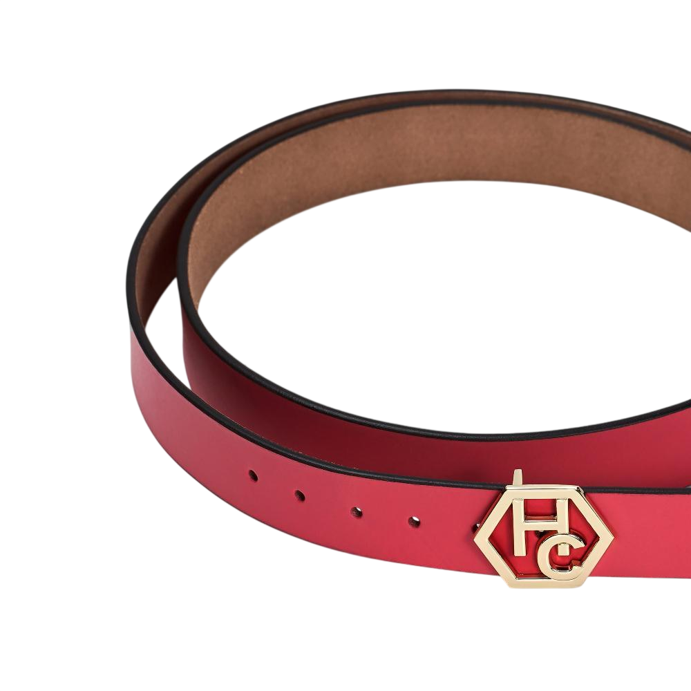 Buckle close-up on women's seamless edge leather belt - pink-red - Hedonist Chicago - close-up view (1.3")