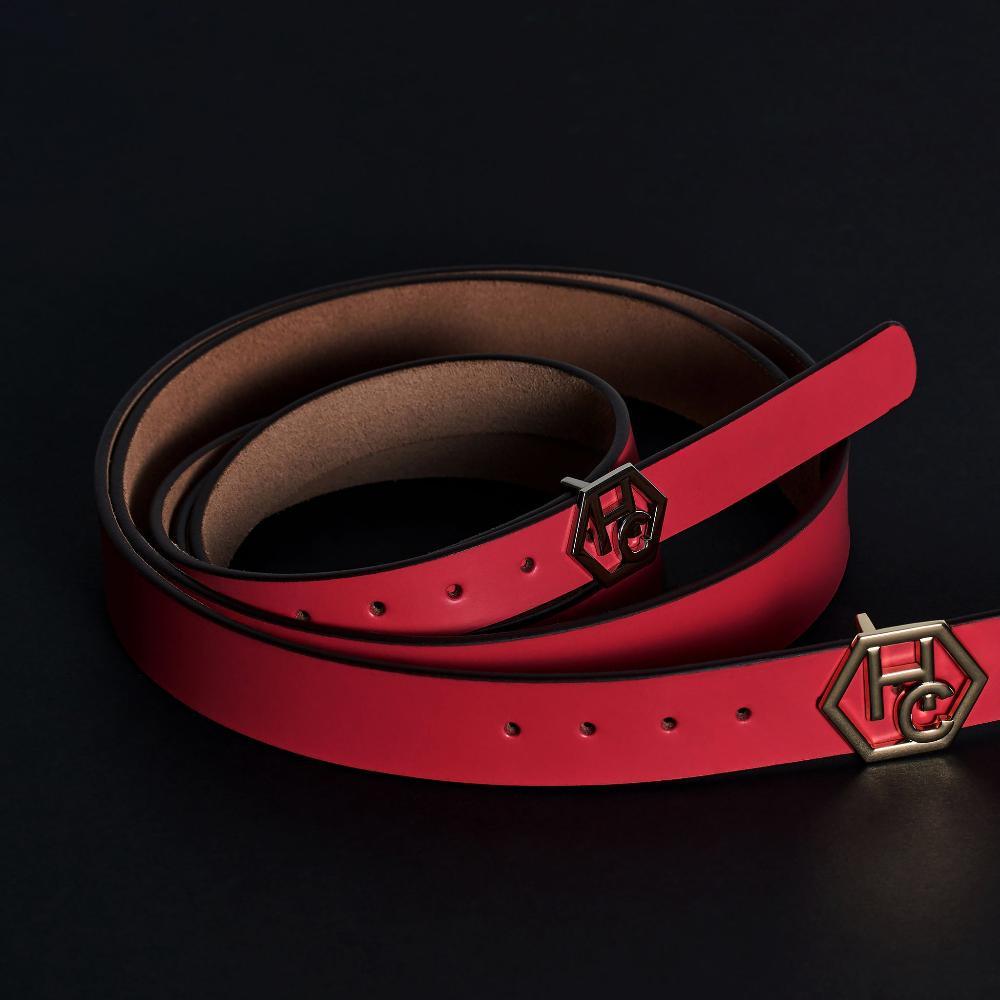 Side view on women's seamless edge leather belt - pink-red - Hedonist Chicago - close-up view (1.3")