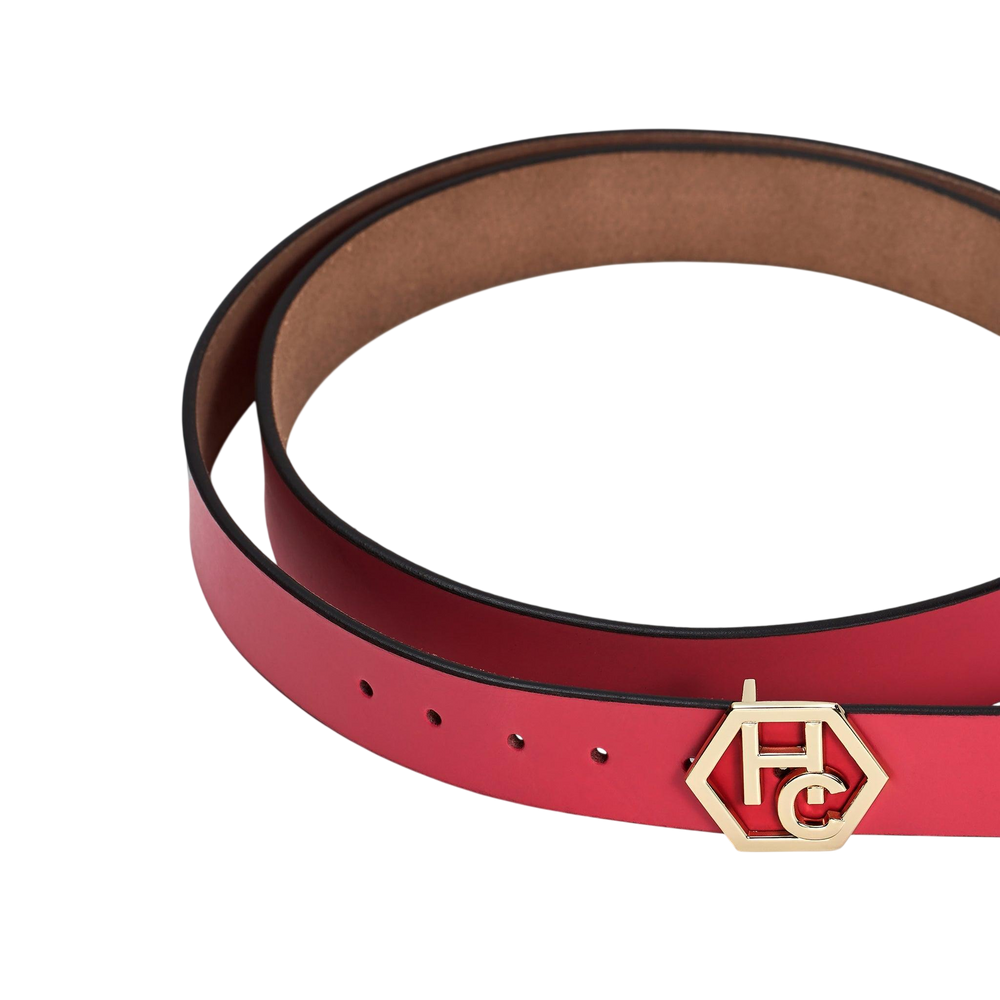 Buckle close-up on women's seamless edge leather belt - pink-red - Hedonist Chicago - close-up view (1")