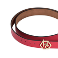 Buckle close-up on women's seamless edge leather belt - pink-red - Hedonist Chicago - close-up view (1")