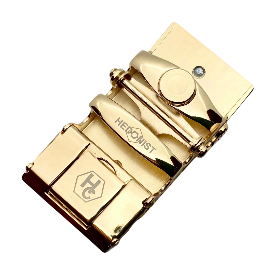 Plate black and gold ratchet belt buckle, 1.38 inch, back locking detail