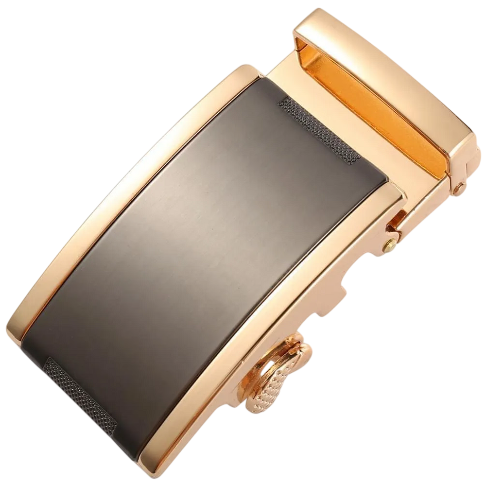 Plate black and gold ratchet belt buckle, 1.38 inch, front view