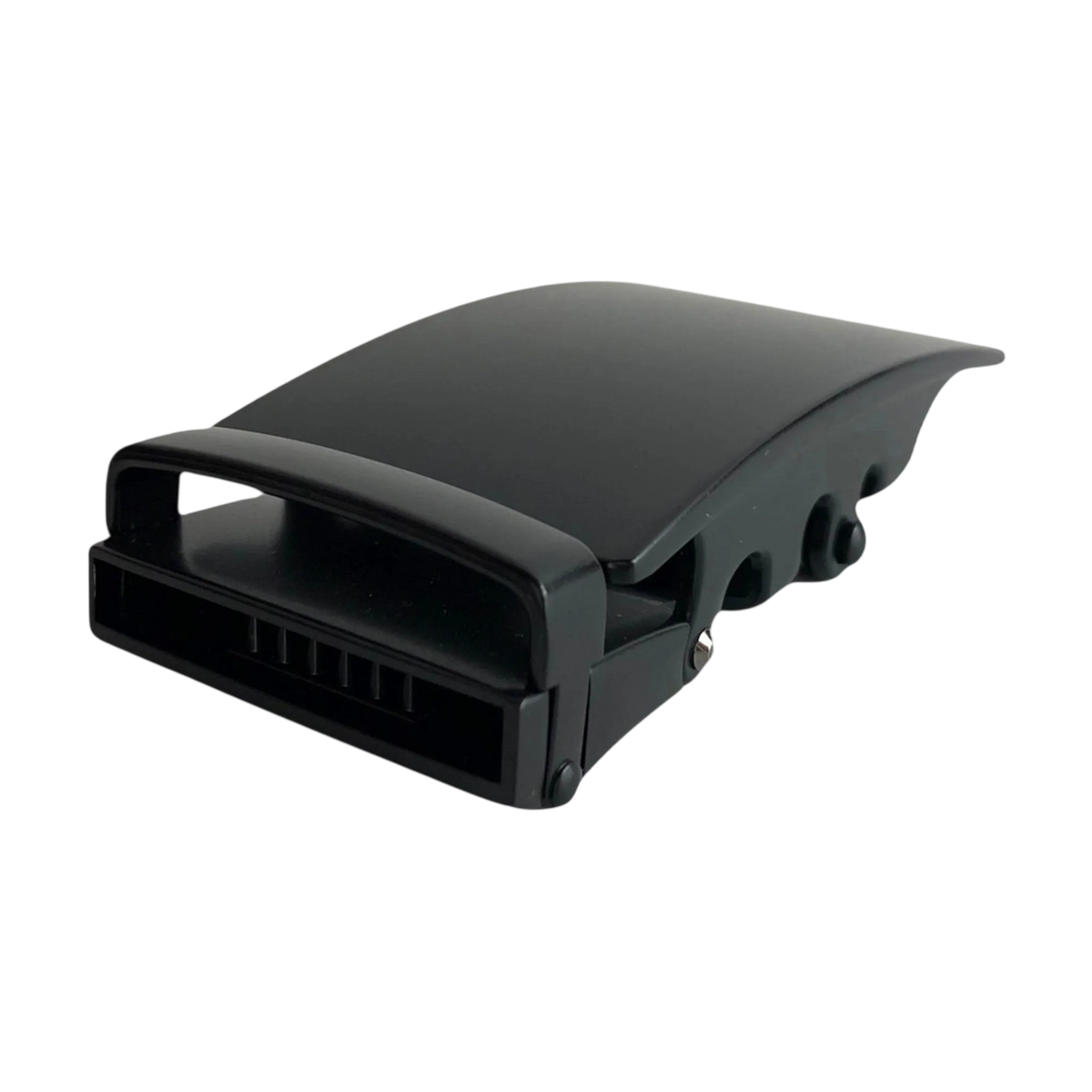 Plate black ratchet belt buckle, 1.38 inch, angled profile view