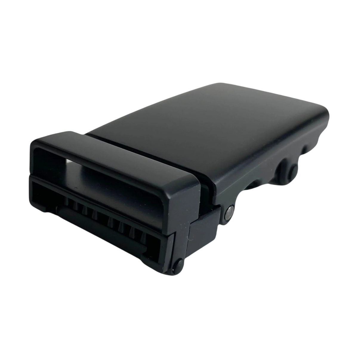 Plate black ratchet belt buckle, 1.15 inch, angled view