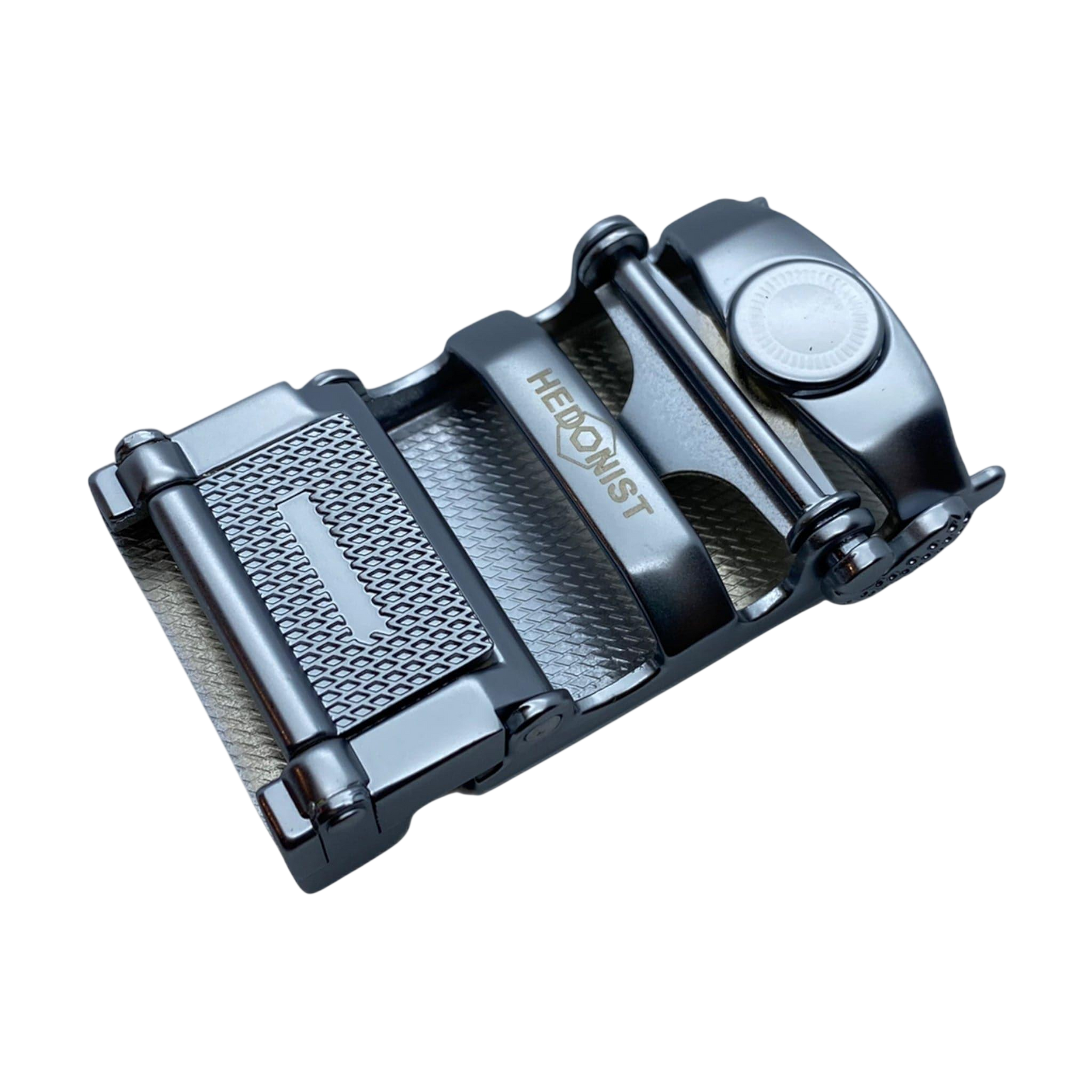 Plate blue gray ratchet belt buckle, 1.15 inch, top view close-up