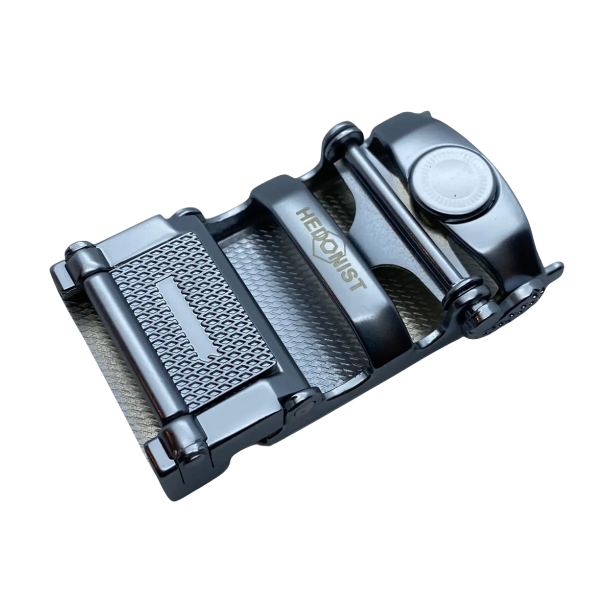 Plate blue gray ratchet belt buckle, 1.15 inch, top view close-up