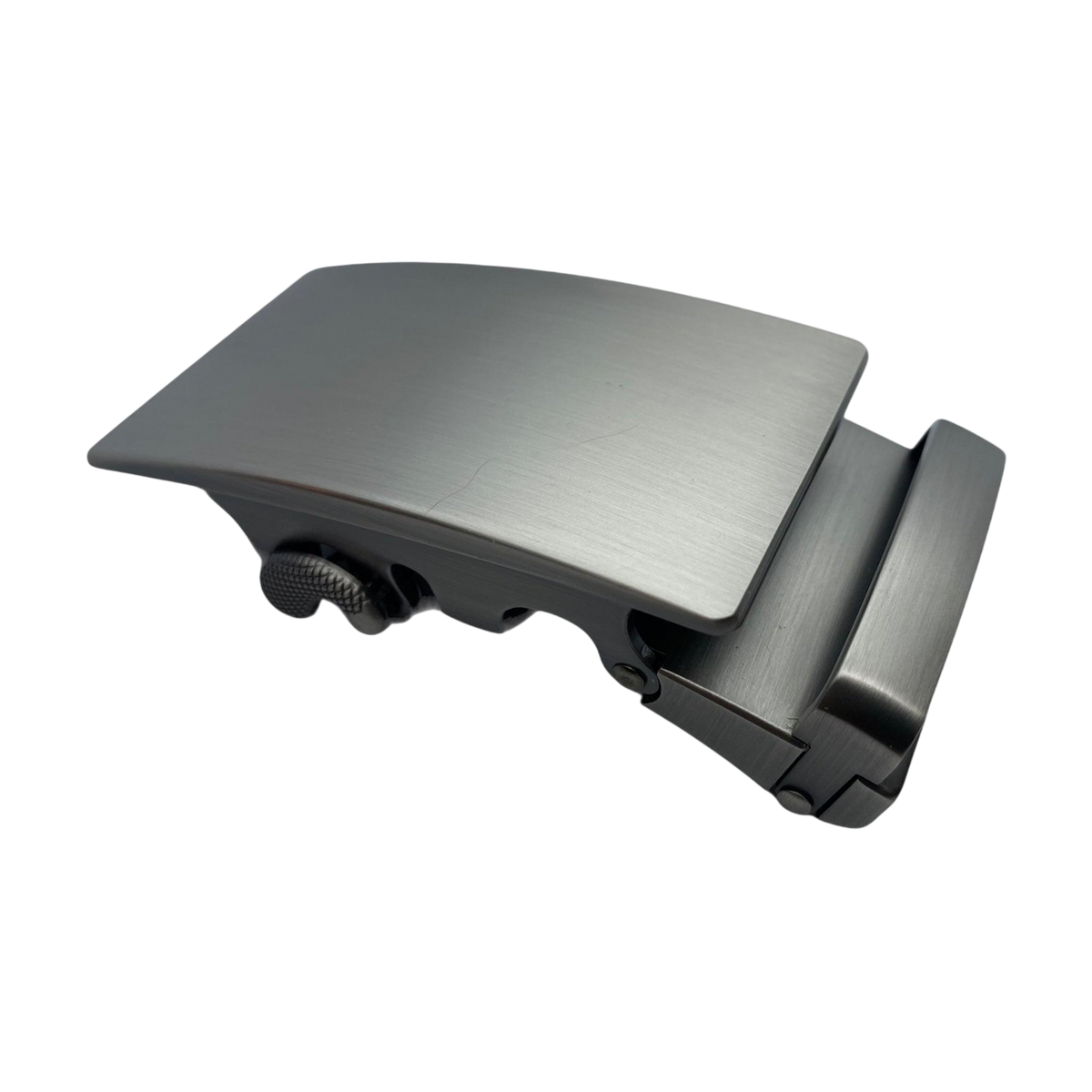 Plate curved steel ratchet belt buckle, 1.38 inch, angled profile view