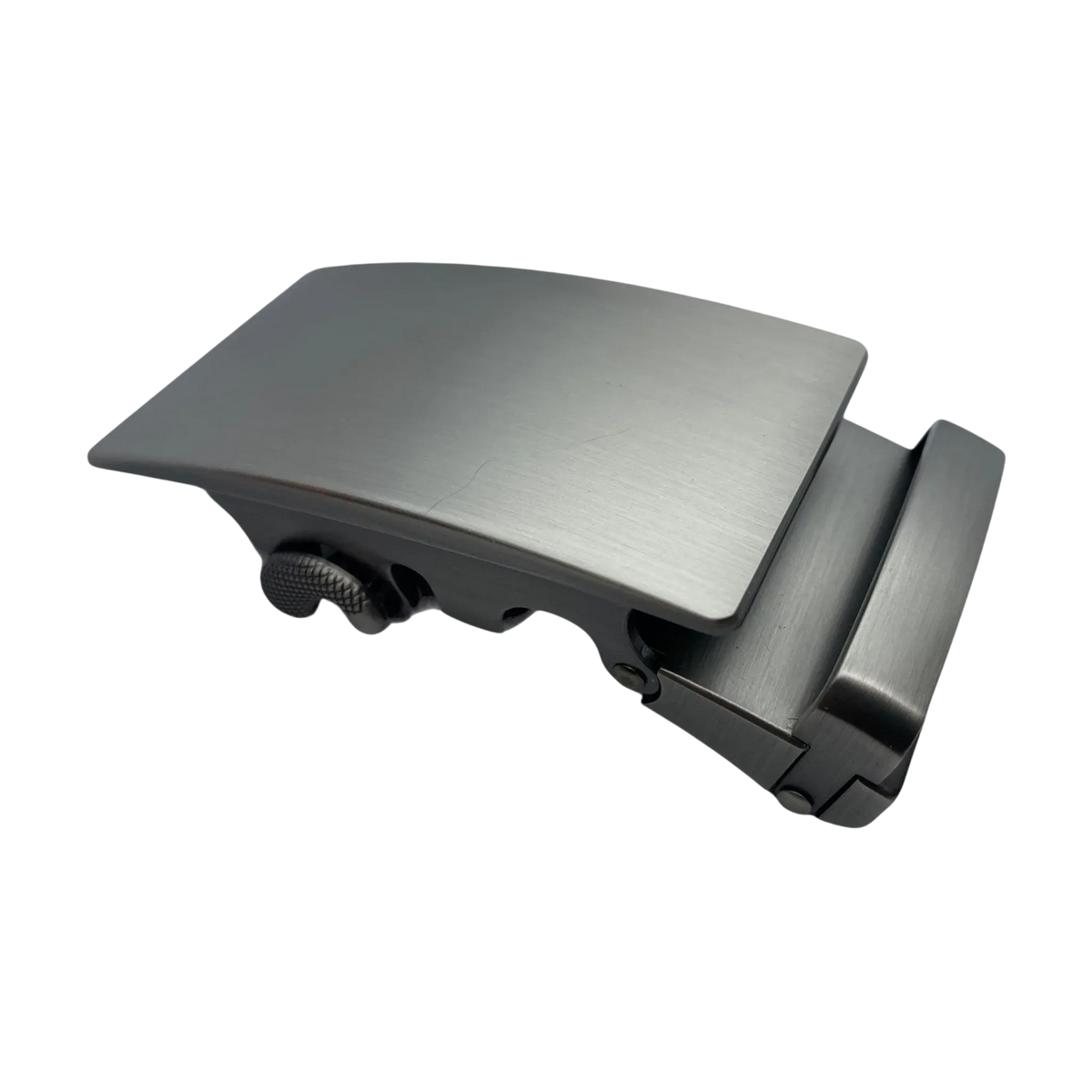 Plate curved steel ratchet belt buckle, 1.38 inch, angled profile view