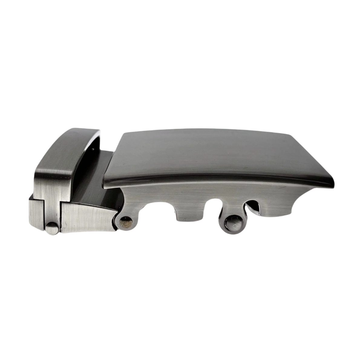 Plate metallic ratchet belt buckle, 1.38 inch, top detail close-up