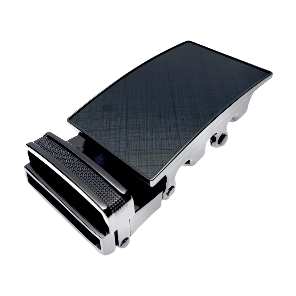 Plate saffiano ratchet belt buckle, 1.15 inch, angled view