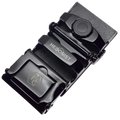 Plate saffiano ratchet belt buckle, 1.15 inch, back locking mechanism close-up