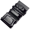 Plate saffiano ratchet belt buckle, 1.15 inch, back locking mechanism close-up