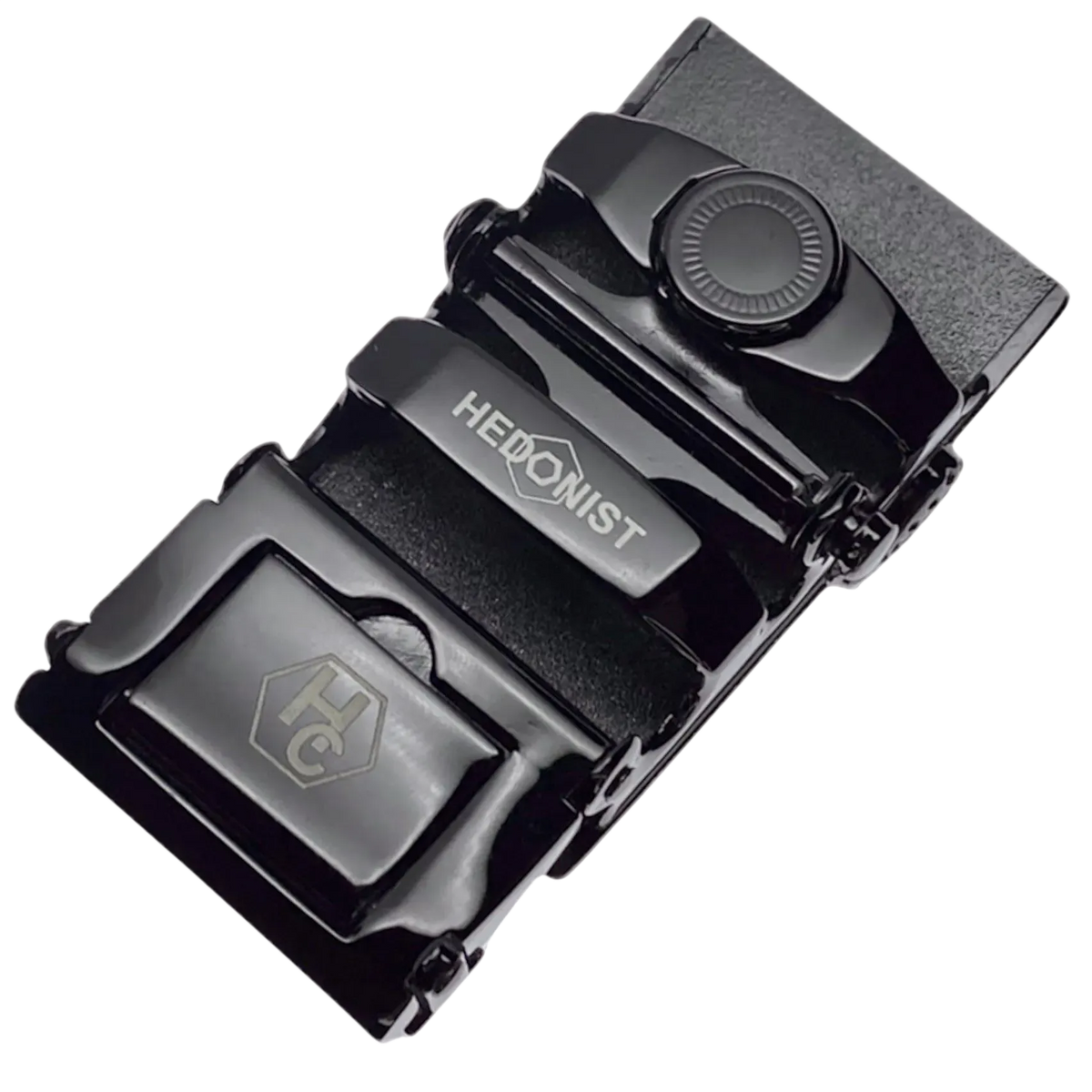 Plate saffiano ratchet belt buckle, 1.15 inch, back locking mechanism close-up
