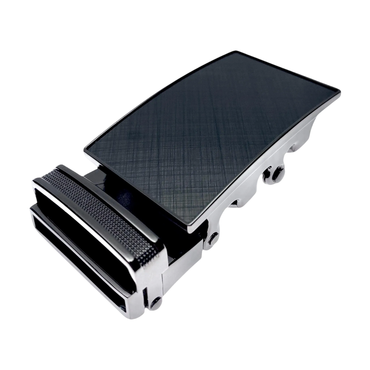 Plate saffiano ratchet belt buckle, 1.38 inch, back locking detail