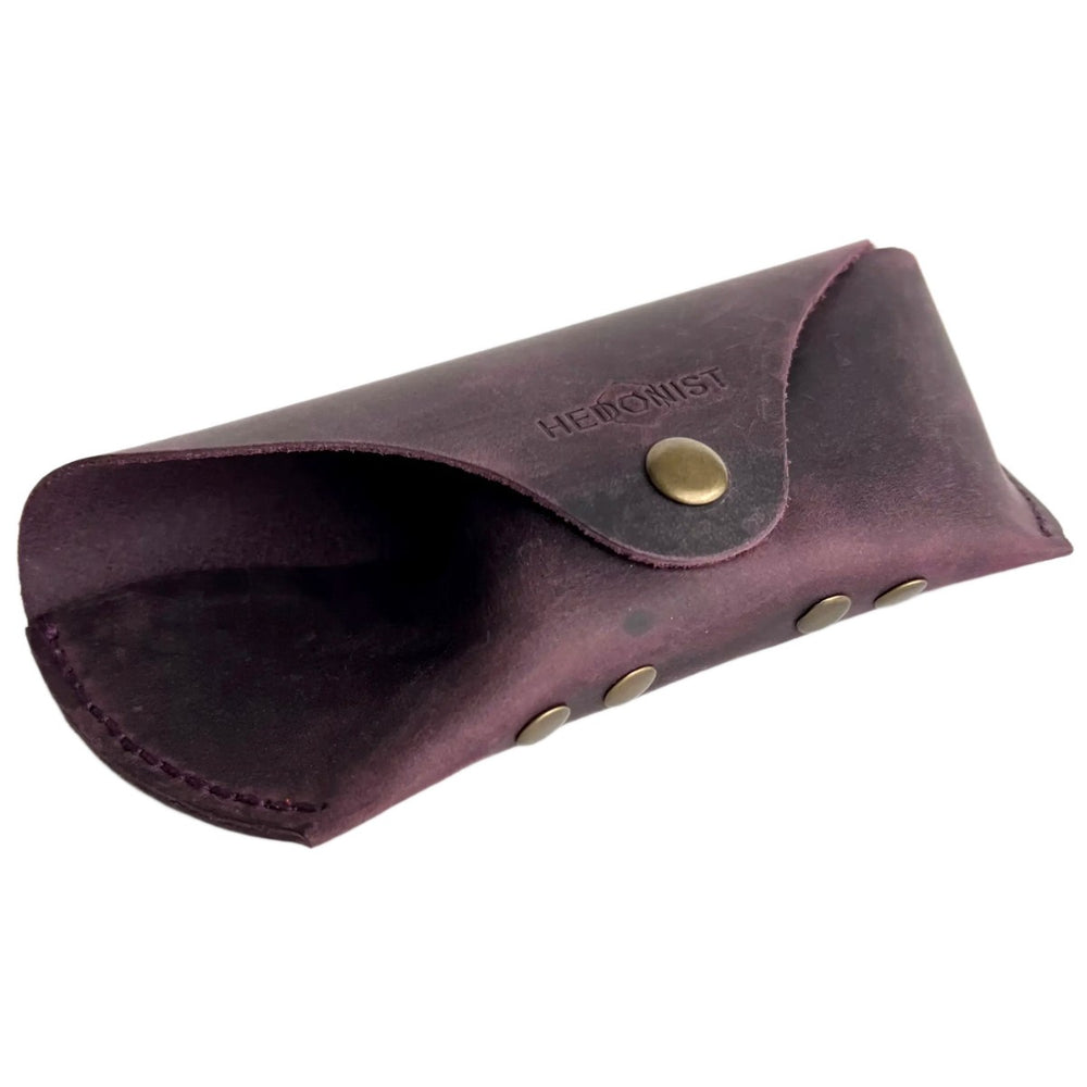 Soft Leather Eye Glasses Case in Plum, open, showing the interior