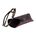 Soft Leather Eye Glasses Case in Plum with tortoiseshell sunglasses beside it