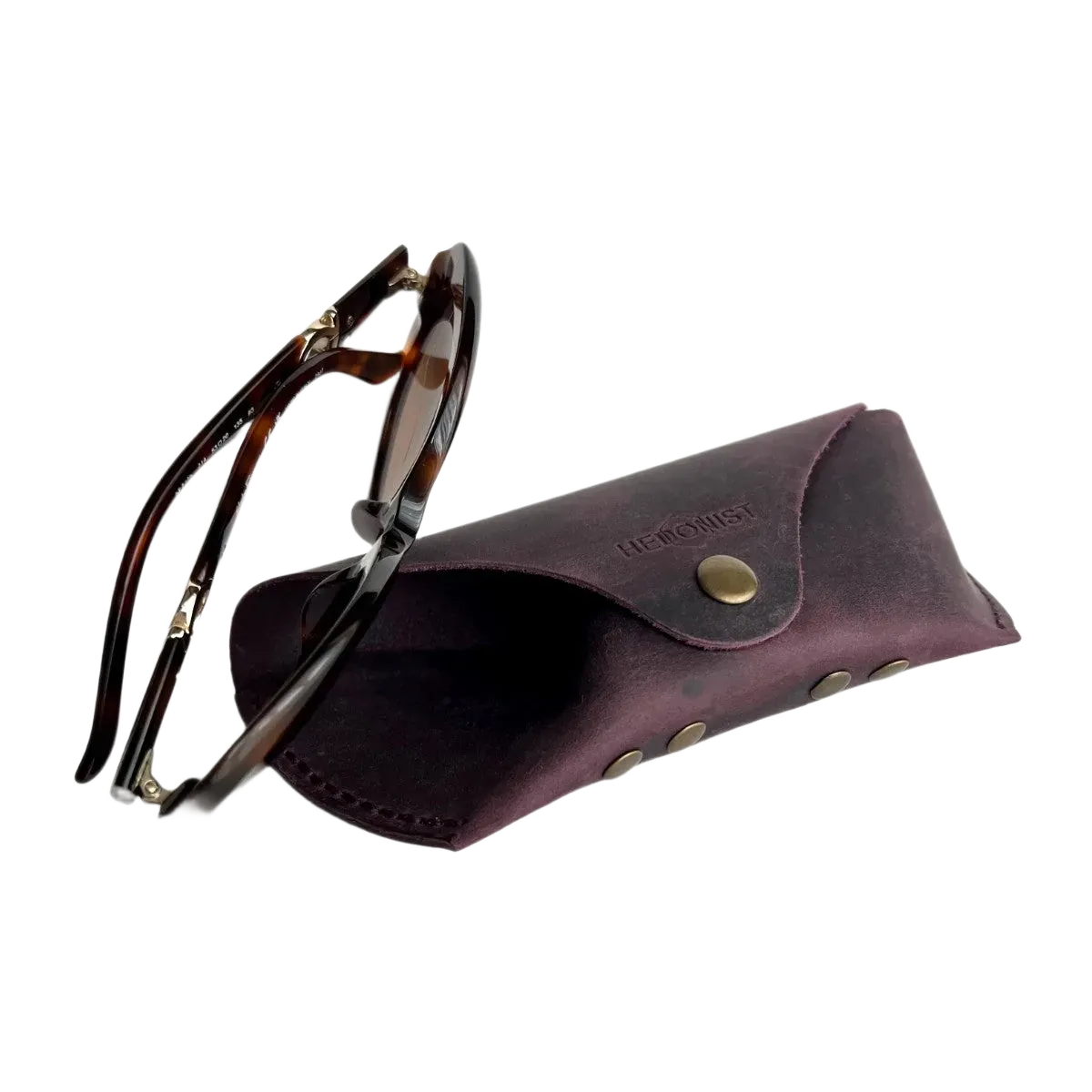 Soft Leather Eye Glasses Case in Plum with tortoiseshell sunglasses beside it